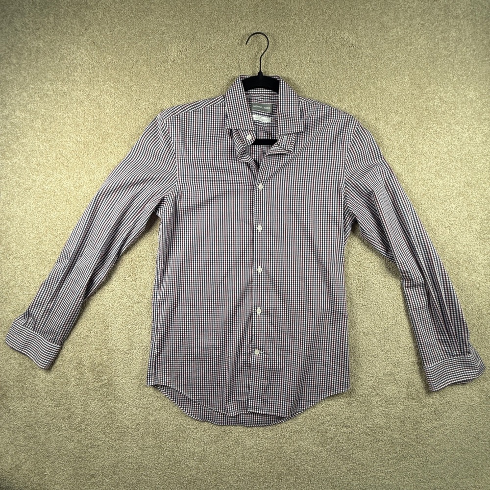 Michael Kors Slim Travel Stretch Gingham Button Down Shirt Purple Blue Mens L